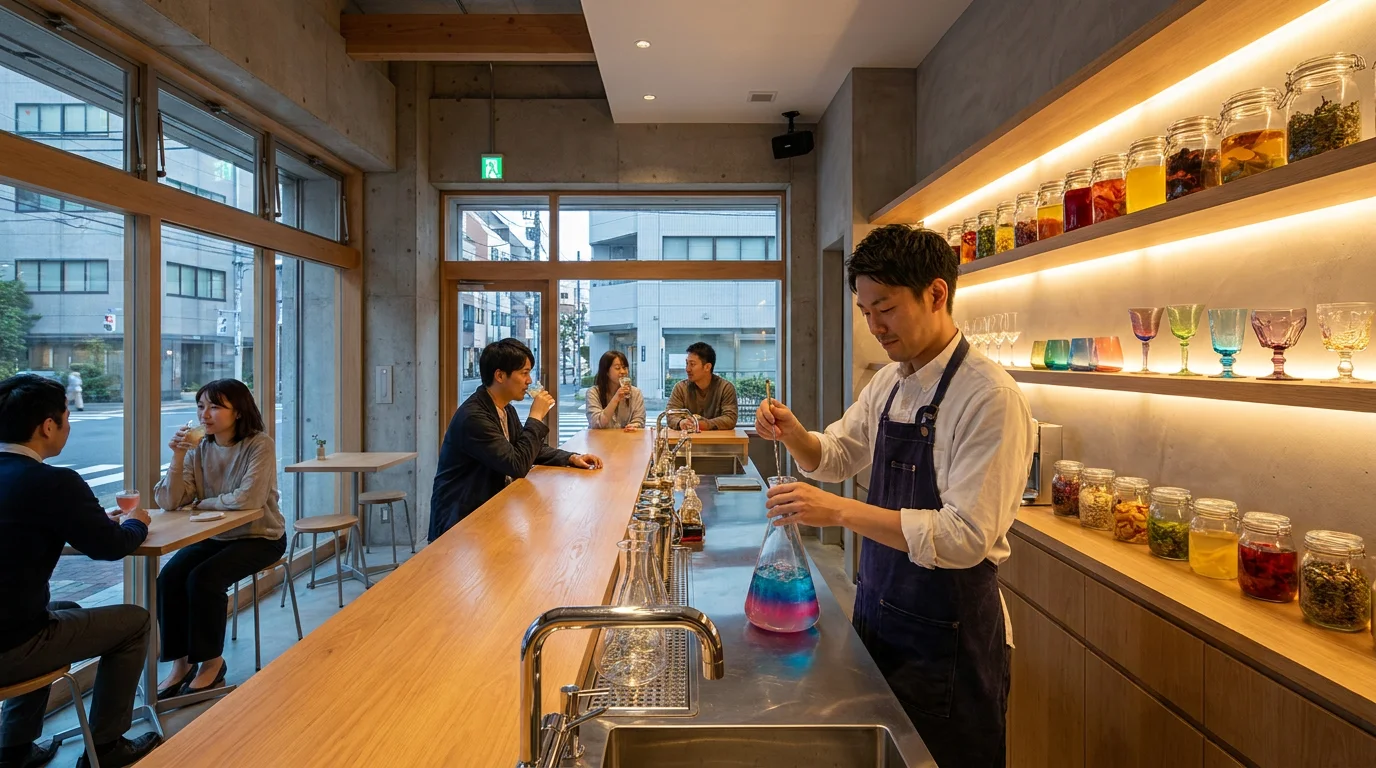 木のカウンター席と丸い照明が見えるカフェバーの店内全景