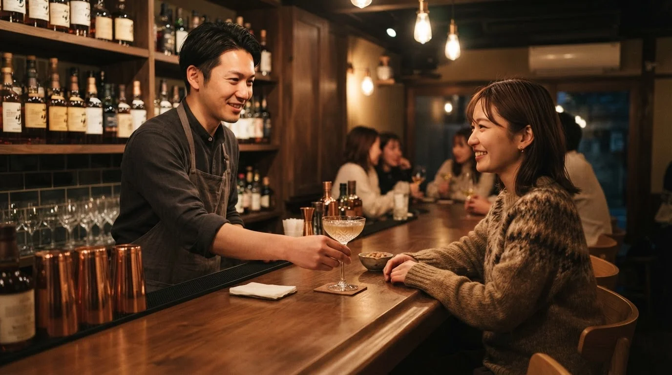 カウンター越しにカラフルなドリンクを受け取る来店客の手元
