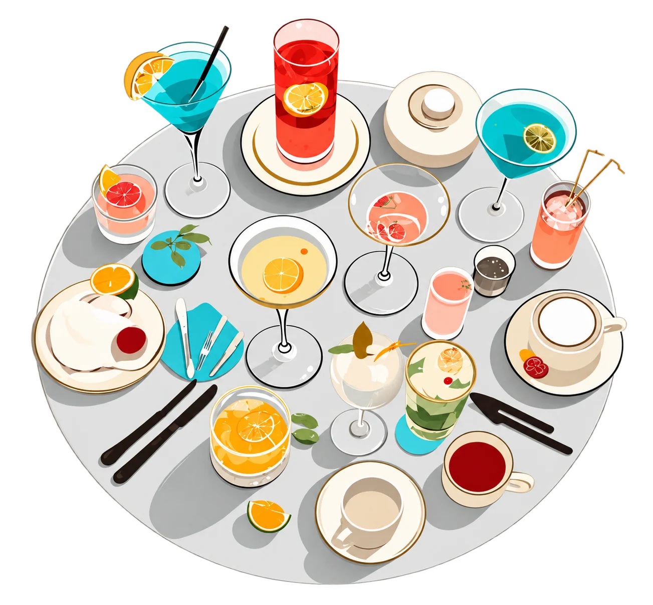 カクテルやカフェドリンク、デザートが丸いテーブルに並ぶイラスト